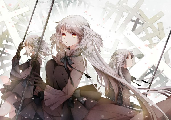 Anime picture 1132x800 with original kanasuke long hair looking at viewer fringe short hair breasts multiple girls ahoge eyes closed very long hair profile looking back grey hair orange eyes head wings trio girl dress gloves