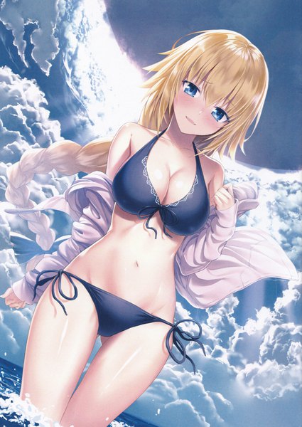 Anime picture 2149x3035 with fate (series) fate/grand order jeanne d'arc (fate) (all) jeanne d'arc (swimsuit archer) heirou single long hair tall image looking at viewer blush fringe highres breasts open mouth blue eyes light erotic blonde hair hair between eyes large breasts standing