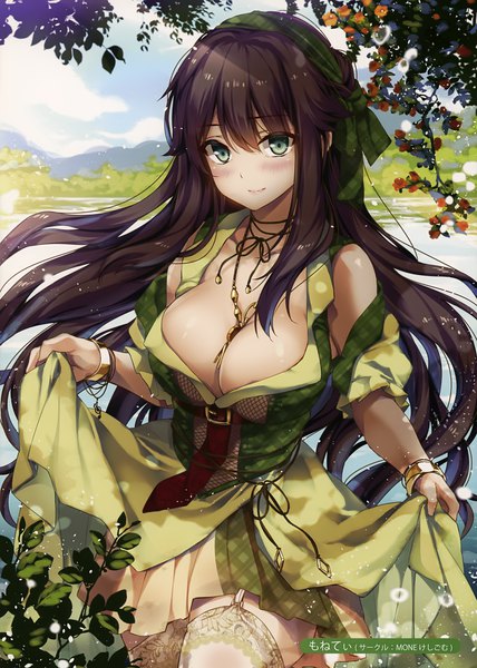 Anime picture 2495x3500 with original melonbooks moneti (daifuku) single long hair tall image looking at viewer blush fringe highres breasts light erotic hair between eyes brown hair large breasts green eyes sky cleavage outdoors wind