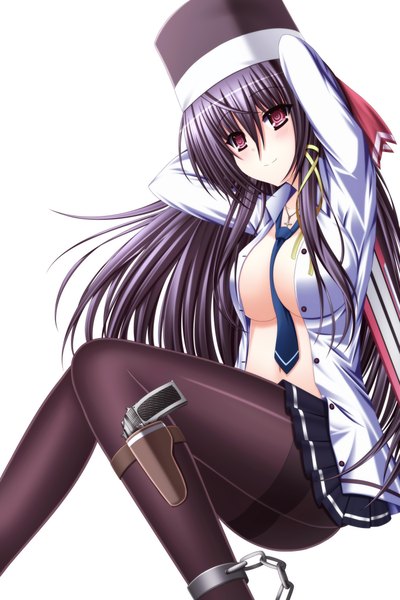 Anime picture 3000x4500 with original toyokawa itsuki (p mayuhime) single long hair tall image blush highres breasts light erotic black hair simple background large breasts white background pink eyes light smile open clothes open shirt girl weapon shirt