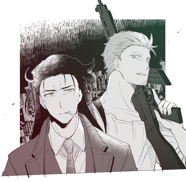 Anime picture 800x784 with maou-sama retry! kunai hakuto tahara isami soukuu kizuna long hair looking at viewer short hair holding upper body multiple boys mouth hold border monochrome weapon over shoulder boy weapon necktie gun 2 boys suit