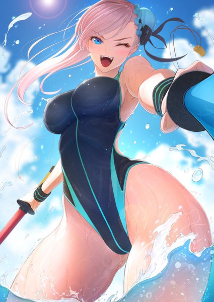 Anime picture 1063x1500 with fate (series) fate/grand order miyamoto musashi (fate) miyamoto musashi (swimsuit berserker) (fate) imizu (nitro unknown) single long hair tall image looking at viewer blush fringe breasts open mouth blue eyes light erotic smile large breasts standing holding pink hair