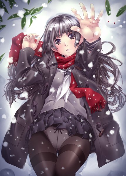 Anime picture 859x1200 with original nagayori single long hair tall image looking at viewer blush open mouth light erotic black hair lying from above black eyes open clothes open jacket on back outstretched arm snowing winter snow