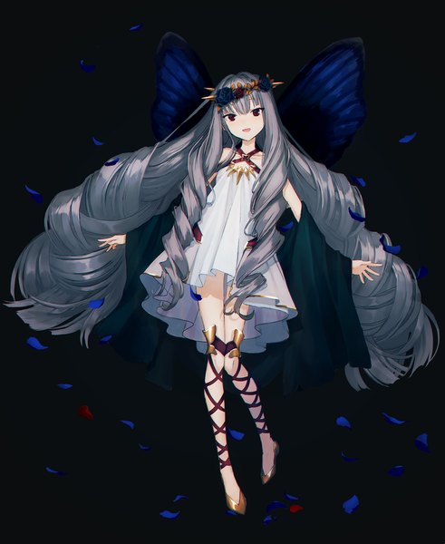 Anime picture 1229x1500 with original hn kn single tall image looking at viewer open mouth simple background red eyes braid (braids) very long hair grey hair twin braids drill hair happy spread arms insect wings butterfly wings girl dress flower (flowers)