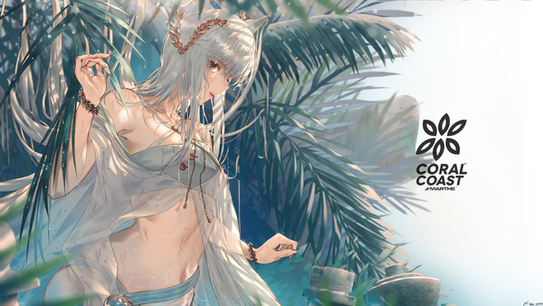 Anime picture 4000x2250 with arknights platinum (arknights) platinum (shimmering dew) (arknights) xi-u single long hair looking at viewer fringe highres breasts light erotic hair between eyes wide image standing brown eyes signed animal ears payot absurdres silver hair
