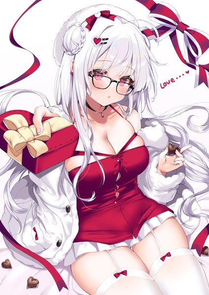 Anime picture 2480x3508 with azur lane cygnet (azur lane) hecha (01964237) single long hair tall image looking at viewer blush fringe highres breasts light erotic simple background large breasts white background sitting holding cleavage white hair blunt bangs