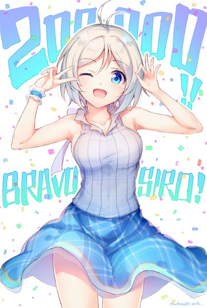 Anime picture 1818x2697 with virtual youtuber .live dennou shoujo siro nijihashi sora single tall image looking at viewer highres short hair open mouth blue eyes signed silver hair ahoge one eye closed wink inscription sleeveless victory ok sign
