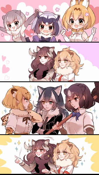 Anime picture 600x1061 with kemono friends serval (kemono friends) grey wolf (kemono friends) common raccoon (kemono friends) lion (kemono friends) jaguar (kemono friends) small-clawed otter (kemono friends) brown bear (kemono friends) mamaloni long hair tall image looking at viewer blush fringe short hair open mouth blue eyes black hair blonde hair smile