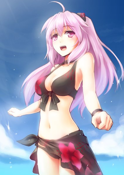 Anime picture 905x1280 with agarest senki mimel ricegnat single long hair tall image blush open mouth light erotic pink hair sky cloud (clouds) ahoge pink eyes midriff girl navel splashes