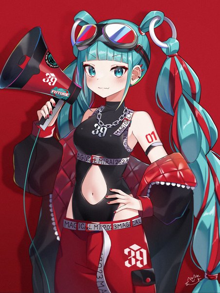 Anime picture 2252x2988 with vocaloid magical mirai (vocaloid) hatsune miku magical mirai miku magical mirai miku (2023) noneon319 single tall image fringe highres simple background standing payot blunt bangs braid (braids) very long hair nail polish aqua eyes aqua hair bare belly