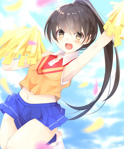 Anime picture 1665x2000 with original chita (ketchup) single long hair tall image looking at viewer blush fringe breasts open mouth black hair hair between eyes brown eyes signed sky ponytail :d pleated skirt arm up bare belly