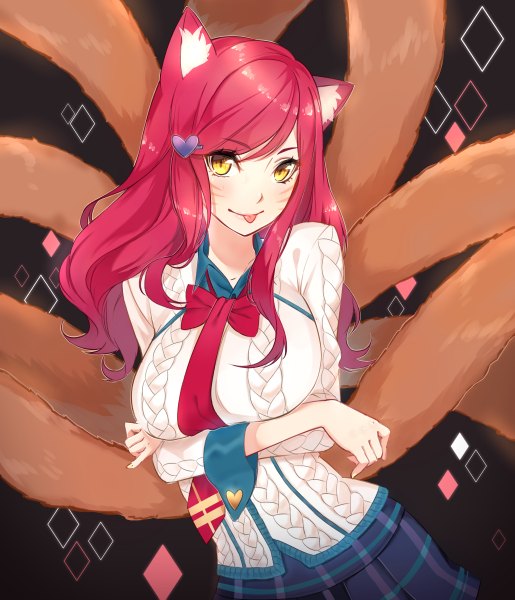 Anime picture 1029x1200 with league of legends ahri (league of legends) academy ahri (league of legends) moochirin (artist) single long hair tall image looking at viewer fringe breasts smile large breasts standing animal ears yellow eyes pink hair tail animal tail pleated skirt fox ears