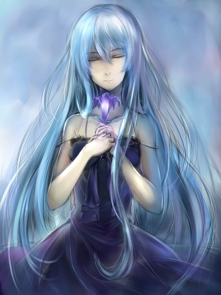 Anime picture 3600x4800 with original early type single long hair tall image highres bare shoulders blue hair absurdres eyes closed light smile girl dress flower (flowers)