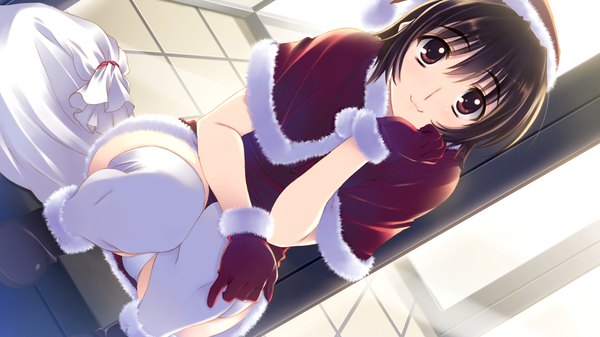 Anime picture 1280x720 with white album 2 long hair fringe light erotic black hair smile hair between eyes red eyes wide image game cg bent knee (knees) pantyshot fur trim christmas pantyshot sitting girl thighhighs white thighhighs fur santa claus hat