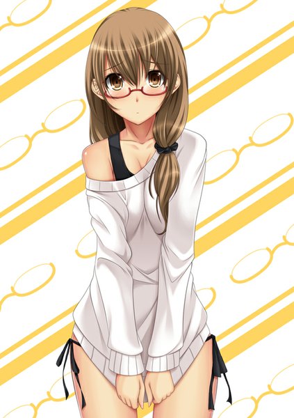Anime picture 595x842 with original chiro (pixiv) single long hair tall image looking at viewer blush light erotic brown hair brown eyes girl glasses sweater