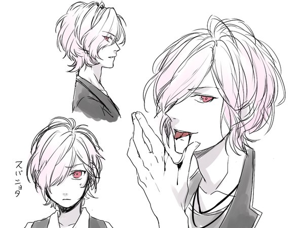 Anime picture 1024x768 with diabolik lovers idea factory sakamaki subaru kuwa ayase looking at viewer fringe short hair simple background white background pink hair profile pink eyes hair over one eye text licking sketch multiple persona finger licking boy tongue