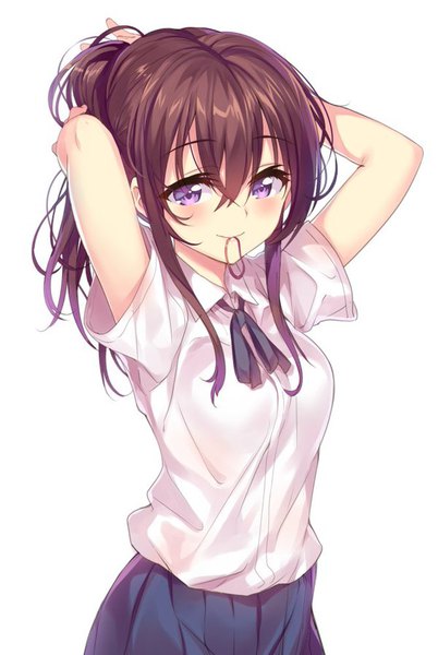 Anime picture 600x895 with original senri gan single long hair tall image looking at viewer blush simple background smile brown hair white background purple eyes holding payot pleated skirt mouth hold adjusting hair tying hair hair tie in mouth girl