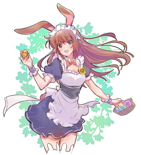 Anime picture 1280x1403 with rwby rooster teeth velvet scarlatina iesupa single long hair tall image looking at viewer open mouth simple background smile brown hair brown eyes animal ears tail animal tail short sleeves maid bunny ears puffy sleeves