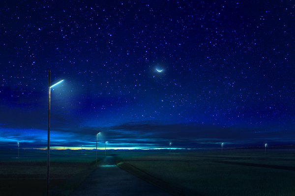 Anime picture 1536x1024 with original mks cloud (clouds) night night sky evening no people landscape scenic crescent moon star (stars) road lamppost