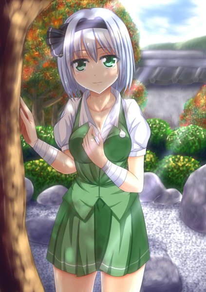 Anime picture 1200x1700 with touhou konpaku youmu wendell single tall image looking at viewer short hair blue eyes white hair girl dress skirt plant (plants) tree (trees) hairband bandage (bandages) skirt set