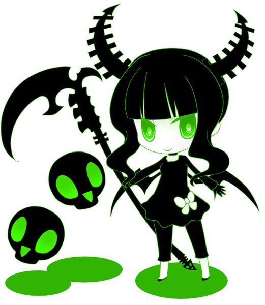 Anime picture 1138x1309 with black rock shooter dead master kanna (chaos966) single long hair tall image looking at viewer fringe black hair simple background smile white background green eyes horn (horns) chibi girl weapon scythe