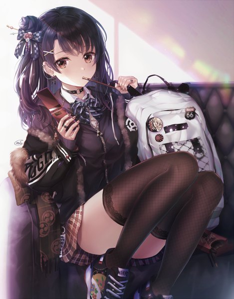 Anime picture 800x1022 with original blue blood moon single long hair tall image looking at viewer blush fringe sitting holding brown eyes signed payot purple hair bent knee (knees) indoors long sleeves nail polish head tilt fingernails