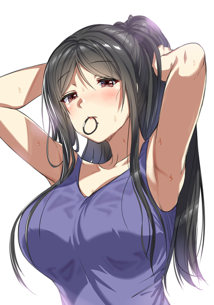 Anime picture 1055x1500 with original neeko's mother arudehido single long hair tall image looking at viewer blush fringe breasts light erotic black hair simple background hair between eyes white background holding brown eyes payot upper body ponytail