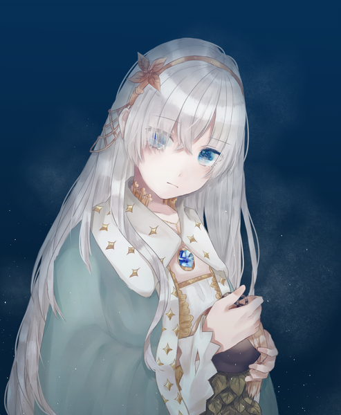 Anime picture 1234x1500 with fate (series) fate/grand order anastasia (fate) viy (fate) suda sudachi single long hair tall image looking at viewer blush fringe blue eyes simple background holding silver hair upper body hair over one eye blue background girl hair ornament