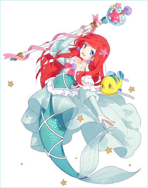 Anime picture 800x1016 with the little mermaid disney ariel flounder (the little mermaid) hakusai (tiahszld) single long hair tall image looking at viewer fringe open mouth blue eyes simple background white background full body red hair nail polish monster girl girl dress