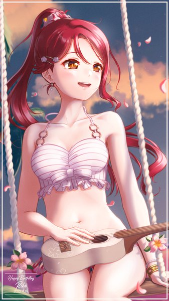 Anime picture 1386x2464 with love live! sunshine!! sunrise (studio) love live! sakurauchi riko toine single long hair tall image looking at viewer blush breasts open mouth light erotic smile looking away sky cloud (clouds) outdoors ponytail red hair