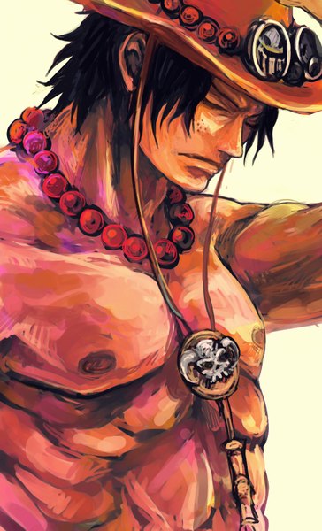 Anime picture 908x1497 with one piece toei animation portgas d. ace tsuyomaru single tall image short hair black hair simple background eyes closed freckles boy hat beads