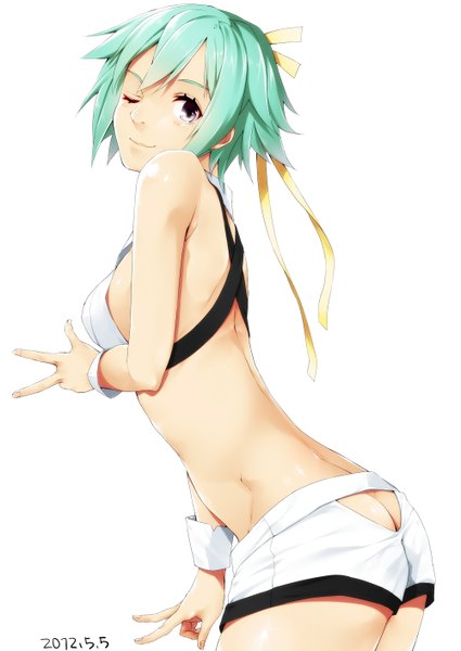 Anime picture 1000x1412 with aquarion (series) aquarion evol satelight zessica wong single tall image short hair light erotic simple background smile white background purple eyes bare shoulders signed ass one eye closed green hair wink girl ribbon (ribbons)