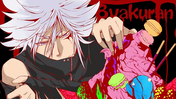 Anime picture 1024x577 with katekyou hitman reborn byakuran climb (artist) short hair smile wide image purple eyes bare shoulders white hair tattoo boy food sweets ice cream candy pocky cookie (cookies) macaron