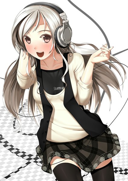 Anime picture 707x1000 with original kinugasa yuuichi single long hair tall image looking at viewer blush open mouth red eyes silver hair girl thighhighs dress black thighhighs headphones