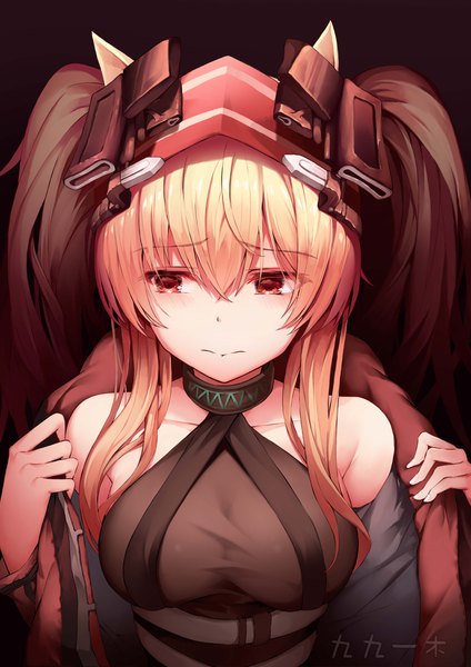 Anime picture 3000x4244 with arknights angelina (arknights) angelina (distinguished visitor) (arknights) rafael-m single long hair tall image blush fringe highres breasts light erotic simple background blonde hair hair between eyes red eyes twintails bare shoulders signed animal ears