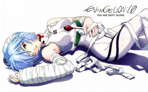 Anime picture 1920x1200 with neon genesis evangelion gainax ayanami rei looking at viewer highres short hair red eyes wide image girl bodysuit bandage (bandages) pilot suit