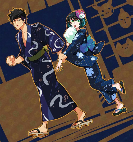 Anime picture 748x800 with one-punch man madhouse fubuki (one-punch man) snake (one-punch man) matatabi nia tall image fringe short hair open mouth black hair green eyes traditional clothes japanese clothes looking back black eyes alternate costume floral print mask on head snowflake print girl