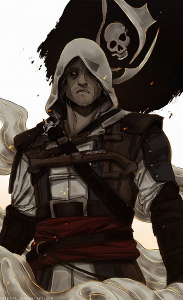 Anime picture 738x1206 with assassin's creed (game) edward kenway creepy9 single long hair tall image simple background blonde hair white background yellow eyes inscription bristle assassin boy uniform weapon gun hood flag