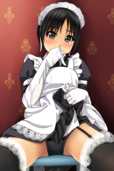 Anime picture 800x1200 with original matsunaga kouyou single tall image blush short hair light erotic black hair looking away black eyes maid covered mouth hand to mouth girl thighhighs gloves uniform underwear panties black thighhighs