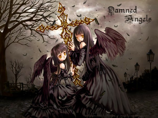 Anime picture 1024x768 with long hair black hair multiple girls black wings girl dress 2 girls wings black dress cross