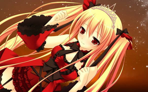 Anime picture 1131x707 with bloody rondo (game) luna freed queen makita maki single long hair blonde hair smile red eyes twintails game cg wide sleeves loli gothic girl dress ribbon (ribbons) bow hair bow detached sleeves tiara