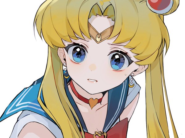 Anime picture 1550x1162 with bishoujo senshi sailor moon toei animation tsukino usagi sailor moon heridy single long hair blue eyes simple background blonde hair white background twintails looking away sailor collar magical girl meme screencap redraw sailor moon redraw challenge girl earrings