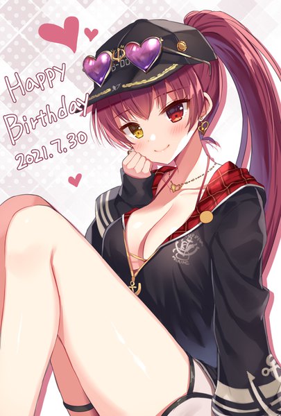 Anime picture 600x888 with virtual youtuber hololive houshou marine houshou marine (summer) mauve single long hair tall image blush breasts light erotic smile large breasts sitting ponytail red hair heterochromia dated sunglasses on head happy birthday