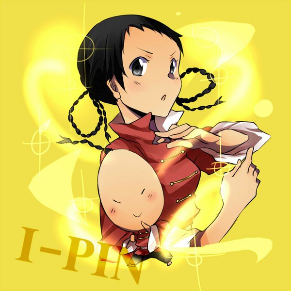 Anime picture 1000x1000 with katekyou hitman reborn i-pin matsurinnu long hair looking at viewer blush black hair simple background smile standing braid (braids) eyes closed traditional clothes inscription grey eyes twin braids chinese clothes fighting stance yellow background age progression