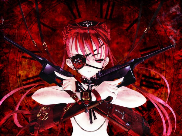 Anime picture 1600x1200 with choco highres light erotic twintails nude wallpaper choker gun eyepatch cross pistol mauser c96