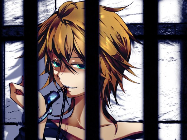 Anime picture 1280x960 with vocaloid kagamine len maclo (makuro) blue eyes blonde hair mouth hold prisoner boy handcuffs bars prison cell