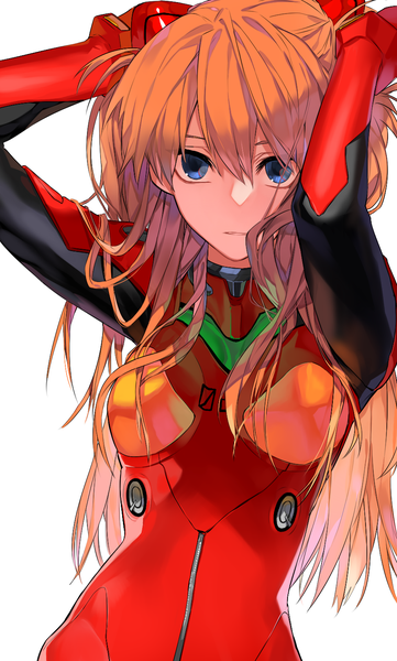 Anime picture 900x1495 with neon genesis evangelion gainax soryu asuka langley s2riridoll single long hair tall image fringe blue eyes simple background hair between eyes white background upper body orange hair arms behind head expressionless girl bodysuit pilot suit
