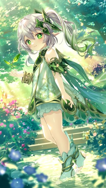 Anime picture 1728x3072 with genshin impact nahida (genshin impact) crystalfly (genshin impact) bshi edayo single long hair tall image looking at viewer fringe highres hair between eyes green eyes silver hair full body outdoors pointy ears sunlight partially submerged side ponytail symbol-shaped pupils