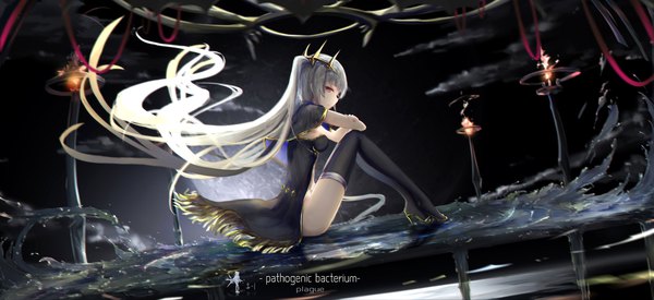 Anime picture 2250x1032 with 300 heroes wangchuan de quanyan single long hair looking at viewer fringe highres breasts light erotic wide image sitting twintails brown eyes full body bent knee (knees) profile grey hair inscription high heels dutch angle