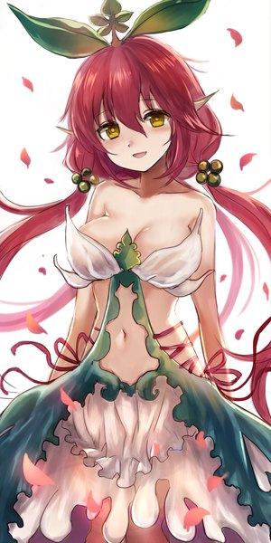 Anime picture 880x1760 with granblue fantasy yggdrasil (granblue fantasy) maho moco single long hair tall image looking at viewer blush fringe breasts open mouth light erotic simple background smile hair between eyes large breasts white background twintails bare shoulders yellow eyes